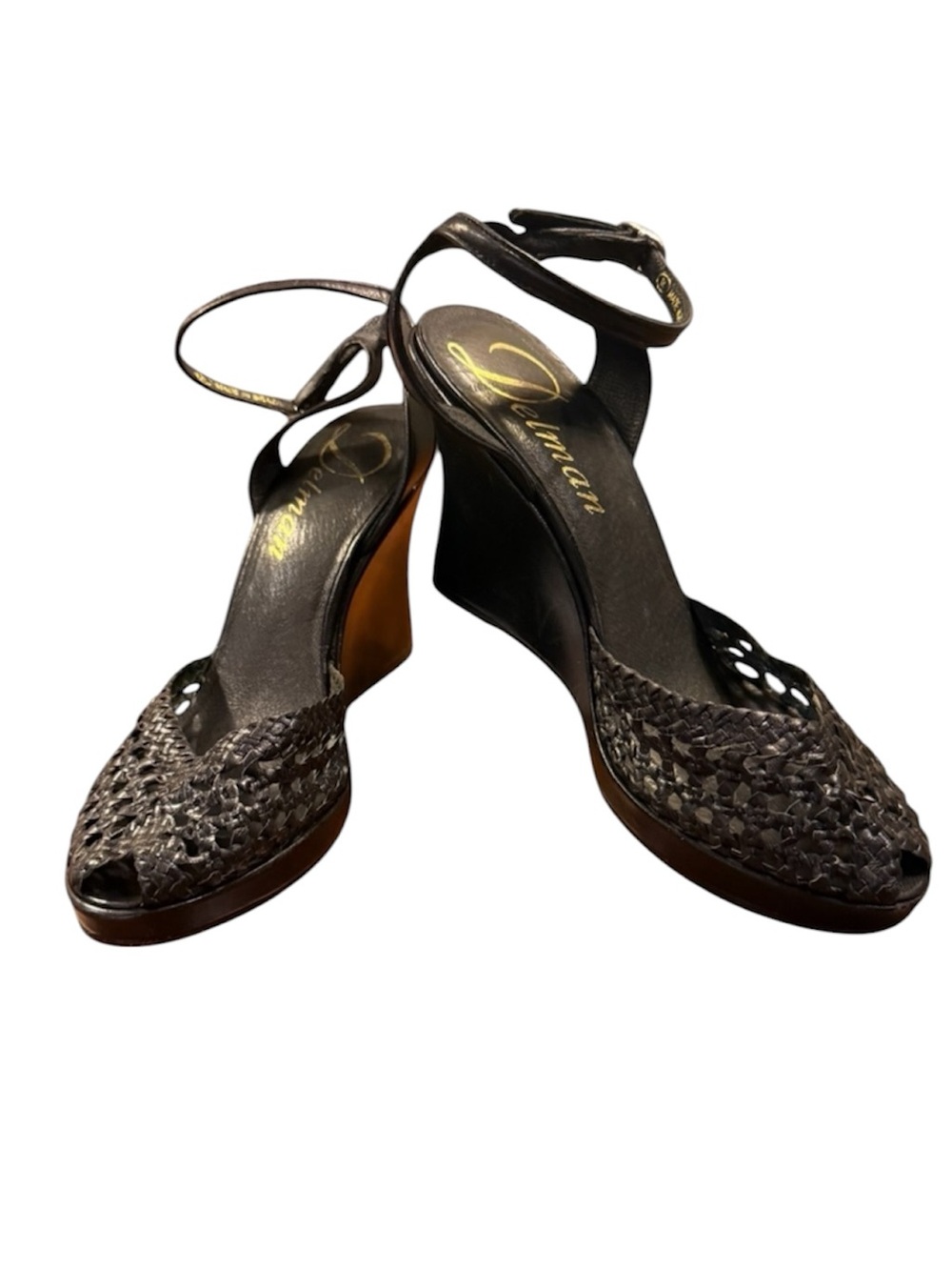 Delman Black Leather Woven Peep toe Sandals 4” heel Size 9.5 MSRP $295